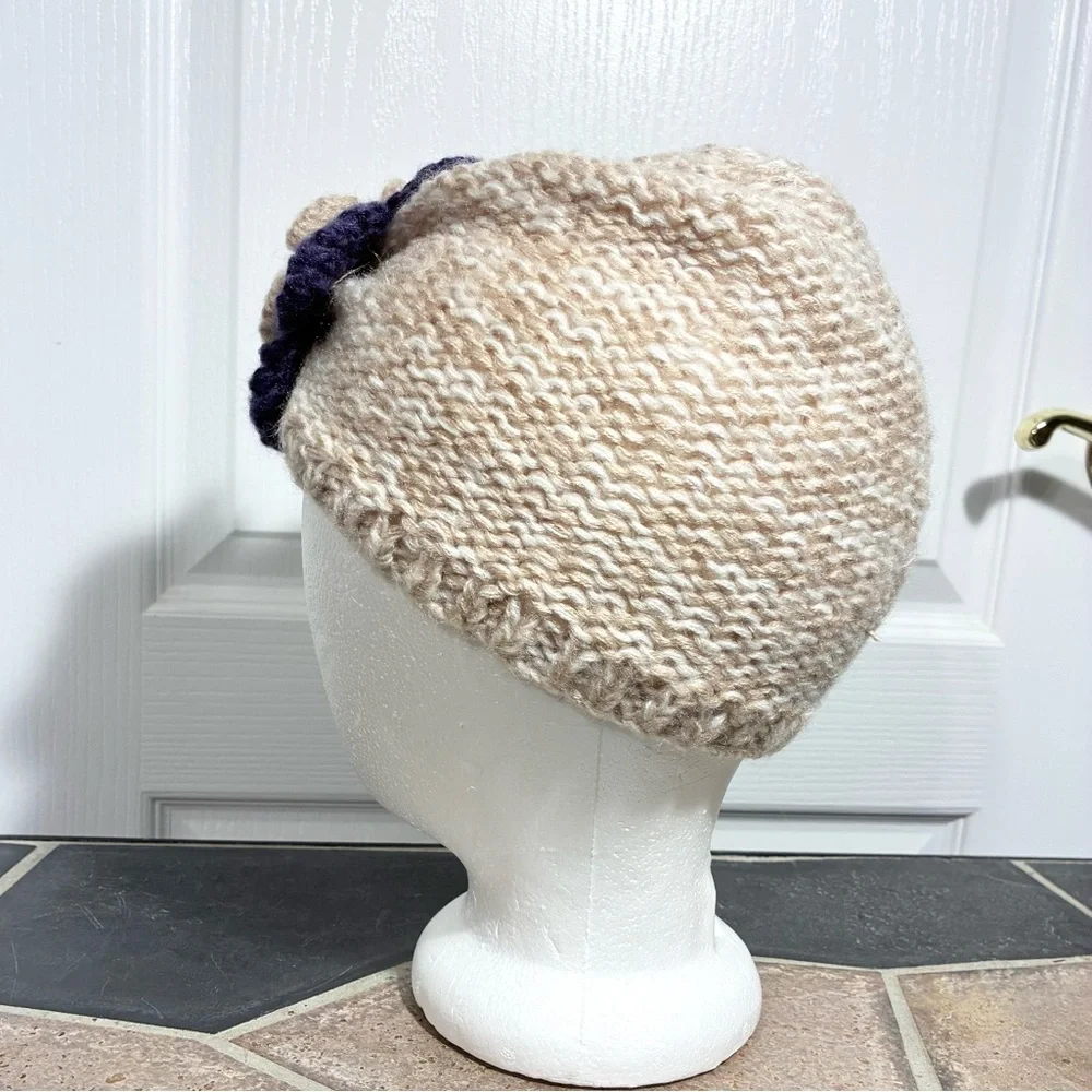 Crochet Flower Accent Hand Knit Beanie Oatmeal Purple Sage